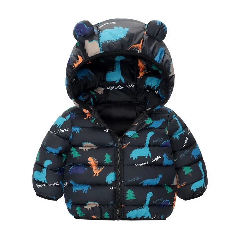 Kids Boys Baby Hooded Lightweight Jacket Cartoon Dinosaur Zipper Coats Girls Autumn Winter Warm Christmas Outerwear 0-5 Year Old