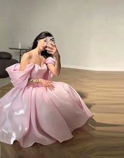 Modern Pink Evening Dresses Off The Shoulder A-Line Birthday Party Dresses Corset Shiny Ankle Length Prom Gowns Customized