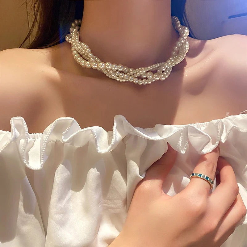 1Pc Twining Pearl Choker Necklaces For Women Geometric Necklaces Weddings Bride Jewelry Accessories