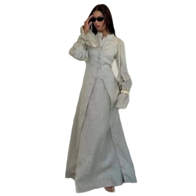 Eid Skirt Suit Women Long Coat Skirts 2 Piece Set Ramadan Single Breasted Morocco Dubai Muslim Robe Ensemble Arabic Outfits