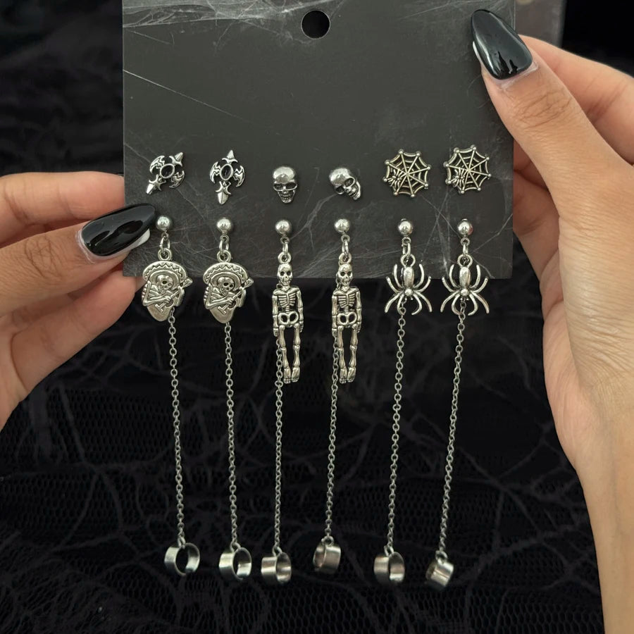 Ingemark 6Pairs/Set Halloween Red Crystal Skull Spider Metal Drop Earrings for Women Goth Cross Rose Piercing Earrings Jewelry