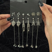 Ingemark 6Pairs/Set Halloween Red Crystal Skull Spider Metal Drop Earrings for Women Goth Cross Rose Piercing Earrings Jewelry