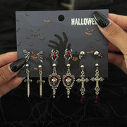 Ingemark 6Pairs/Set Halloween Red Crystal Skull Spider Metal Drop Earrings for Women Goth Cross Rose Piercing Earrings Jewelry