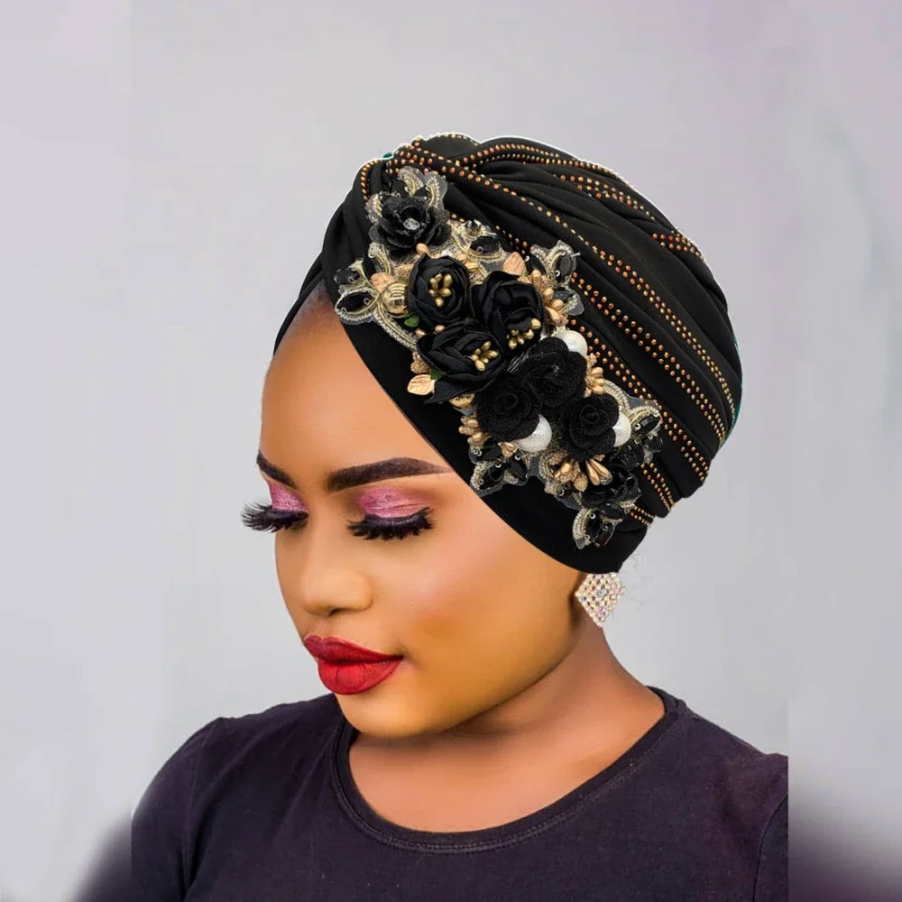 Diamonds Flower Women's Turban Cap African Head Wraps Nigeria Wedding Party Headpiece Female Headwear Twisted Headsarf Hat