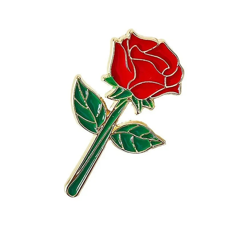 Red Rose Metal Brooch — Small, Large or 2-Piece Pair