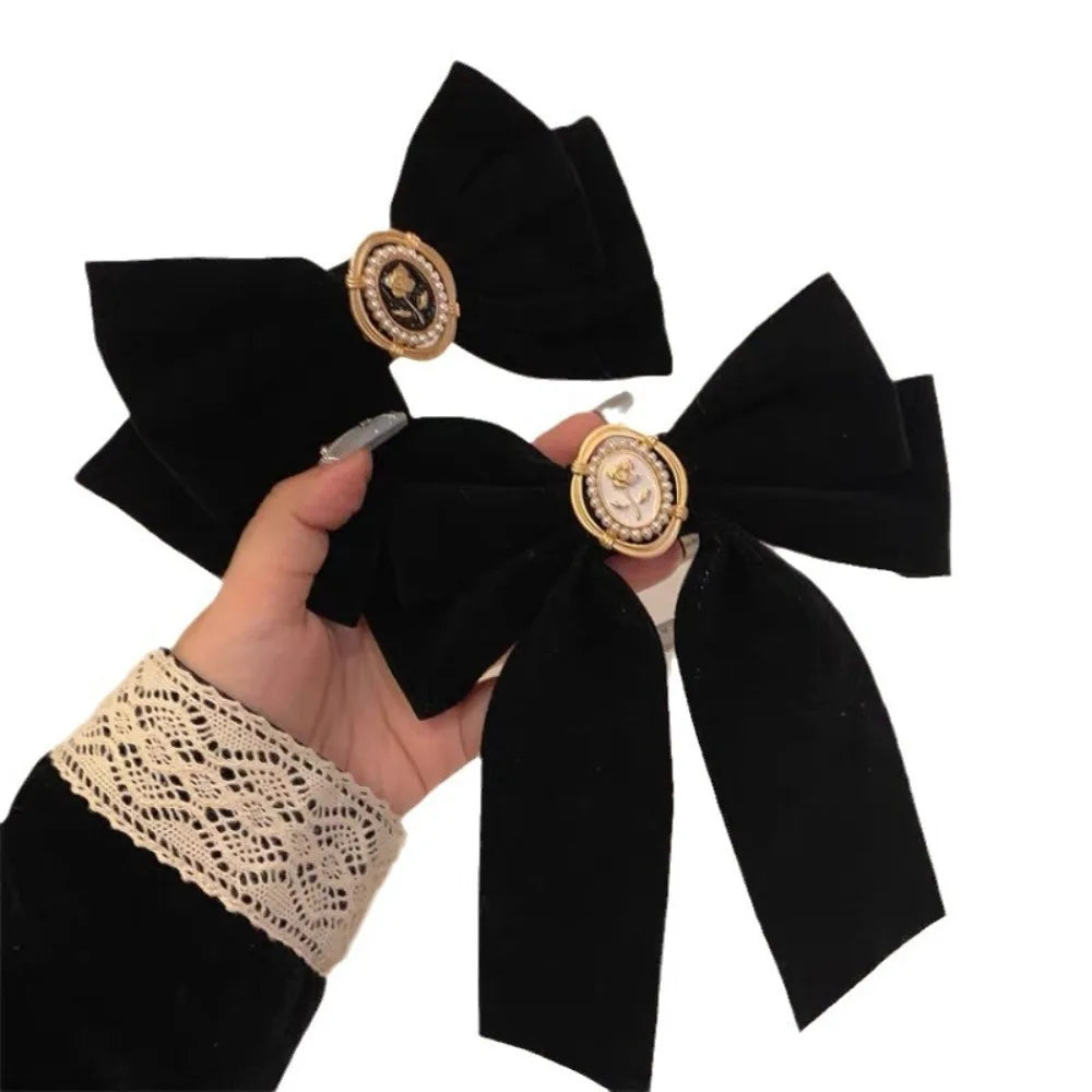 Black Velvet Bow Hair Clip Retro Camellia Velvet Ribbon Hairpin Festival Gift Duckbill Bow Tie Spring Clip