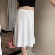 Deeptown Elegant White Women Satin Skirt Fairycore Ruffle Mid Skirts Coquette A-line Basic Casual Korean Style Summer Silk Skirt