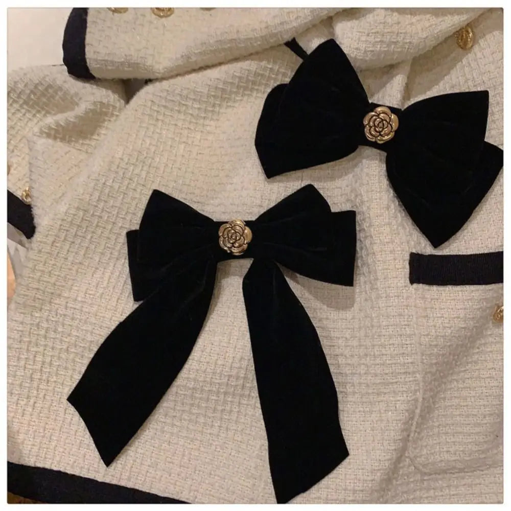 Black Velvet Bow Hair Clip Retro Camellia Velvet Ribbon Hairpin Festival Gift Duckbill Bow Tie Spring Clip