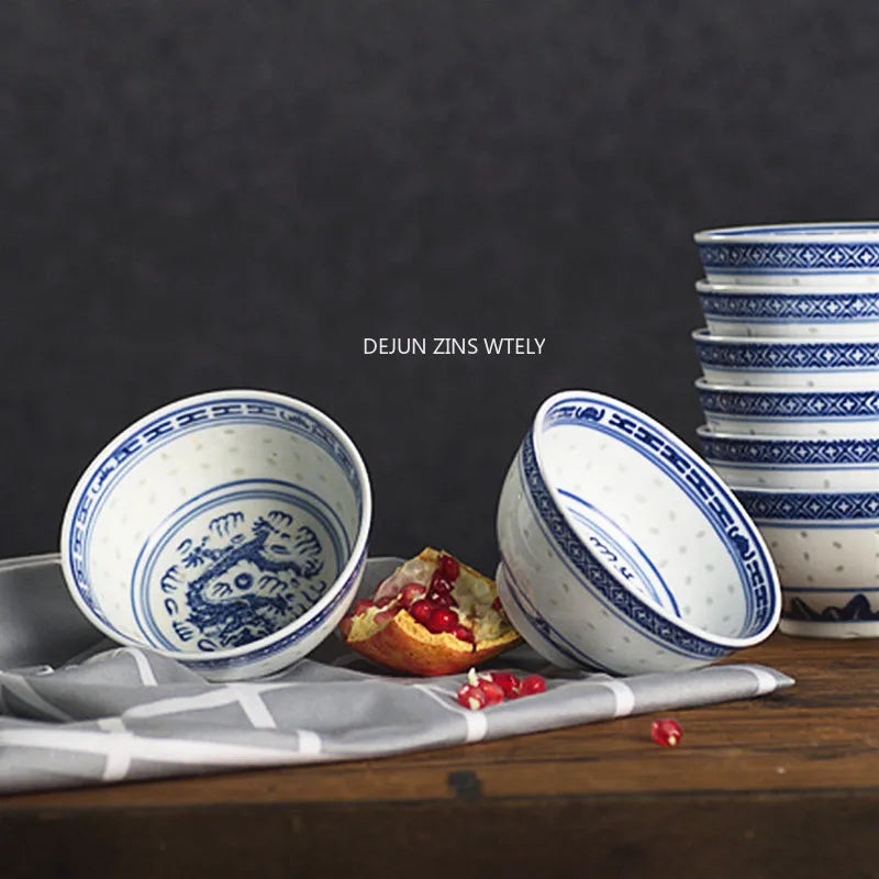 4--10 Inch Ceramic Bowls Jingdezhen Blue and White Porcelain Ramen Bowls Home Exquisite Salad Bowls Kitchen Ceramic Tableware