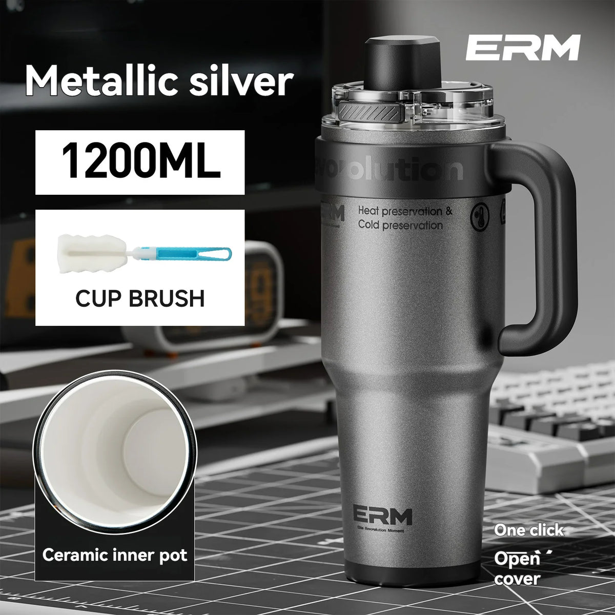 Handled Vacuum-Insulated Tumbler — 1200ml, Steel or Ceramic-Lined
