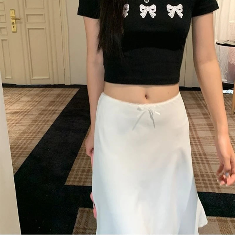 Deeptown Elegant White Women Satin Skirt Fairycore Ruffle Mid Skirts Coquette A-line Basic Casual Korean Style Summer Silk Skirt