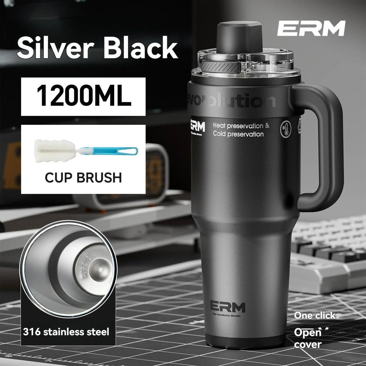 Handled Vacuum-Insulated Tumbler — 1200ml, Steel or Ceramic-Lined
