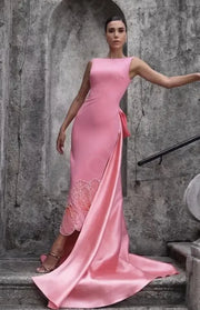 Customized Latest Pink Evening Dresses  Prom Gowns High Low with Train Beading Wedding Party Dresses Back Out Sleeveless