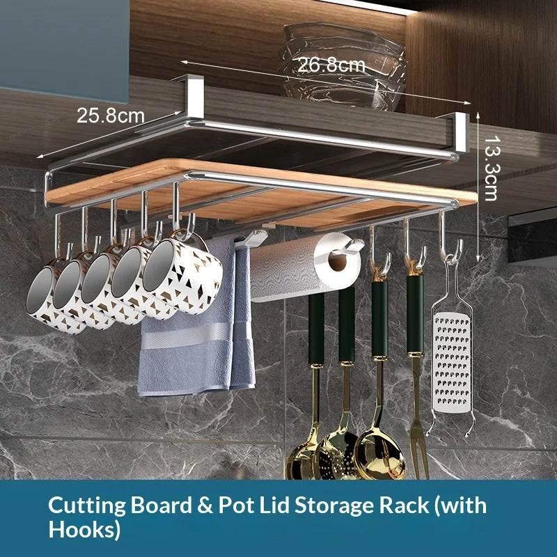 Steel Under-Cabinet Kitchen Organizer Rack — Hanging Rails and Hooks