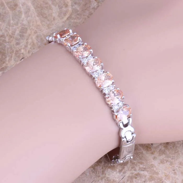 Charming Champagne & White Cubic Zirconia Link Chain Bracelet 7 inch S0515
