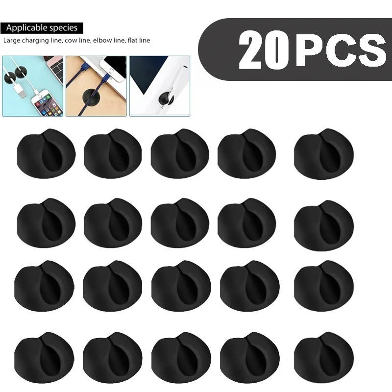 Black Adhesive Cable Clips for Desk Organization — 10 or 20 Pieces