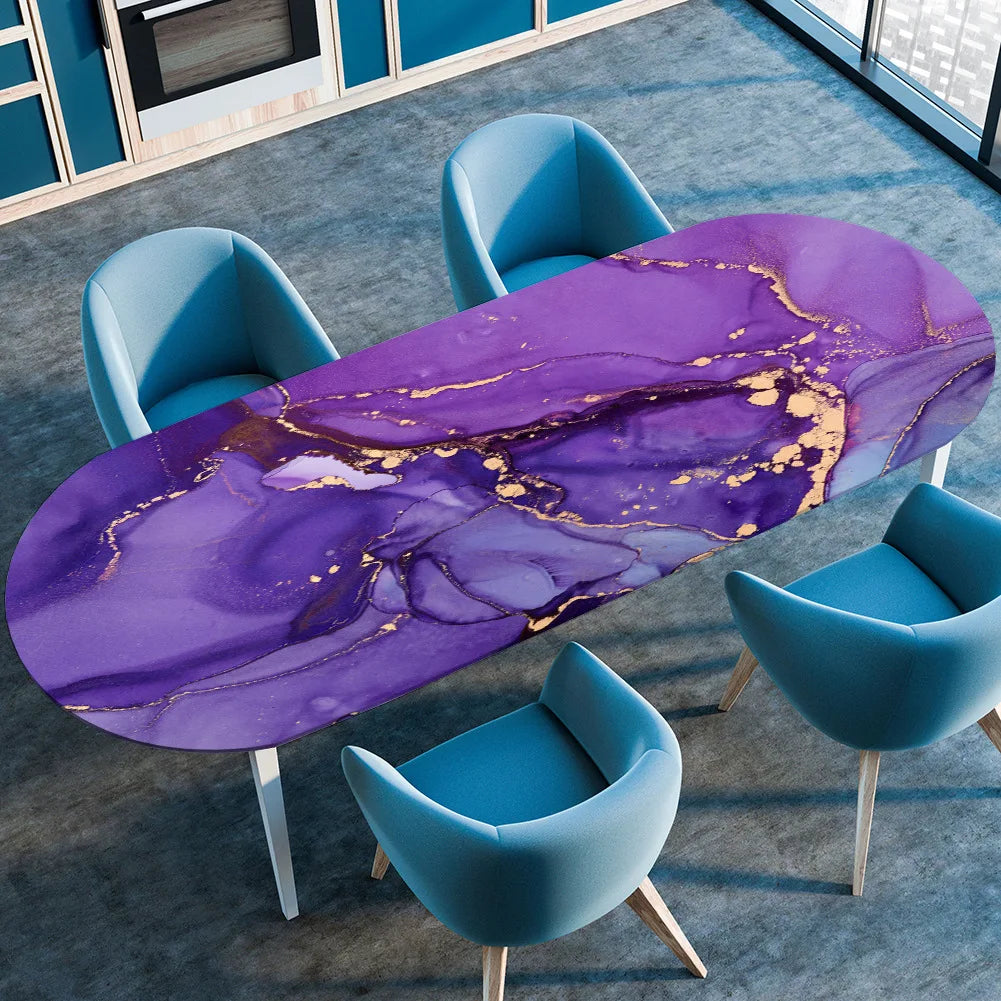 Marble Textured Printed Oval Tablecloth, Marble Style Tablecloth with Elastic Band and Edge Closure, Oval Table Cover