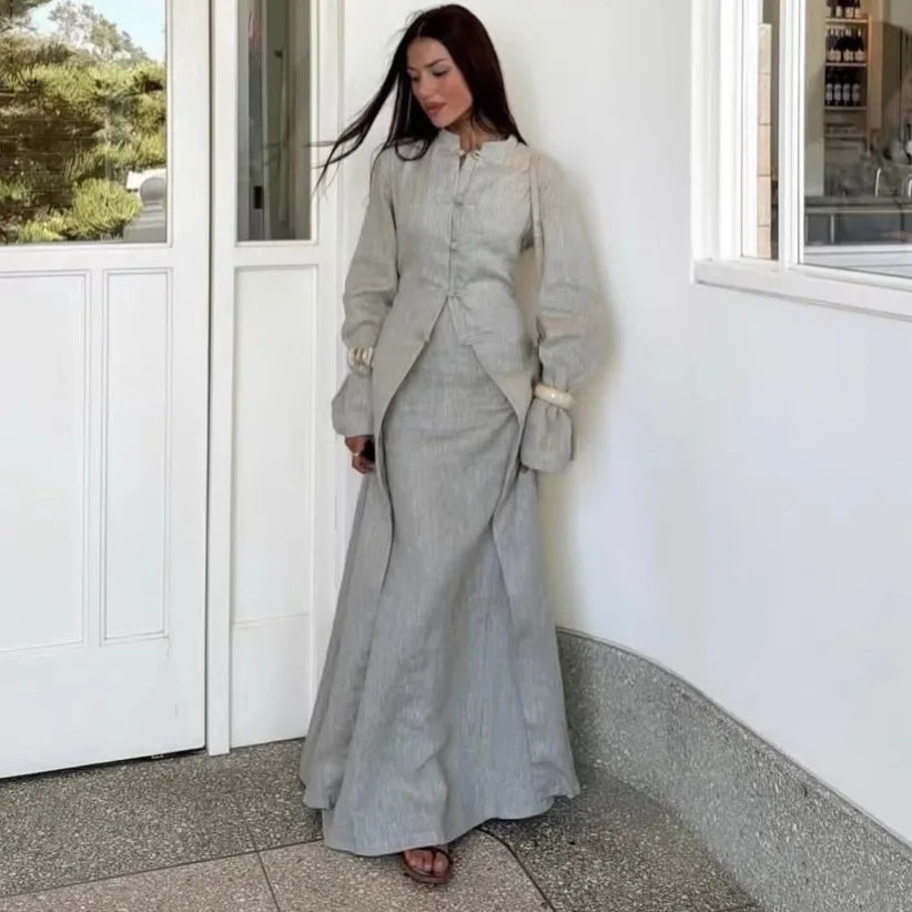 Eid Skirt Suit Women Long Coat Skirts 2 Piece Set Ramadan Single Breasted Morocco Dubai Muslim Robe Ensemble Arabic Outfits