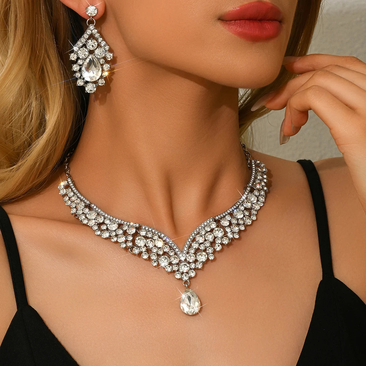 FYUAN Women's Jewelry Set Red Blue Water Drop Crystal Earrings Necklace Zinc Alloy Casual Style All Season Wear