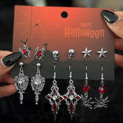 Ingemark 6Pairs/Set Halloween Red Crystal Skull Spider Metal Drop Earrings for Women Goth Cross Rose Piercing Earrings Jewelry