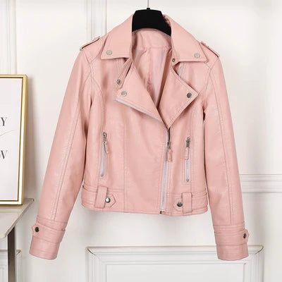 New Pink/beige/black Women's Clothing Short Motorcycle PU Leather Jacket Korean Version of the Spring and Autumn Jacket Coats