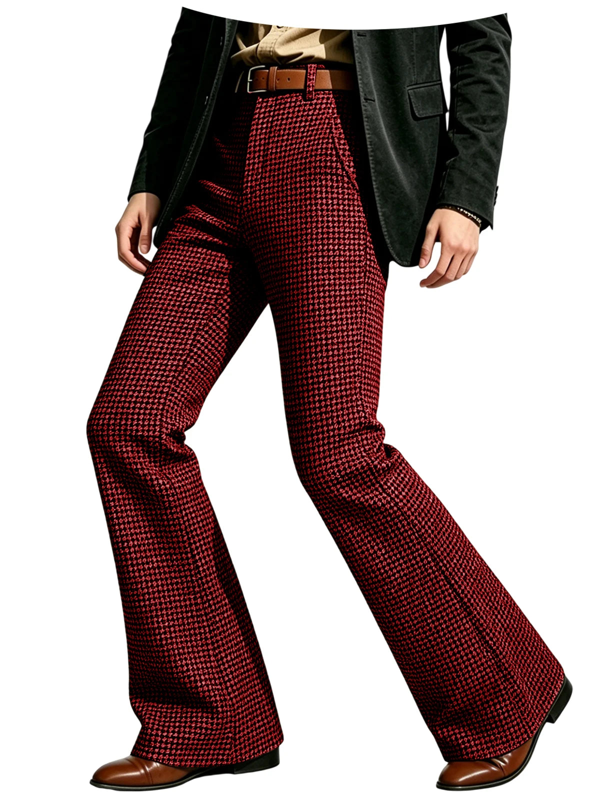 Houndstooth Patten Men Bell Bottom Pants Vintage Adjustable Waist Flared Trousers 60s70s Disco Man Slim Fit Pant For Dance Party