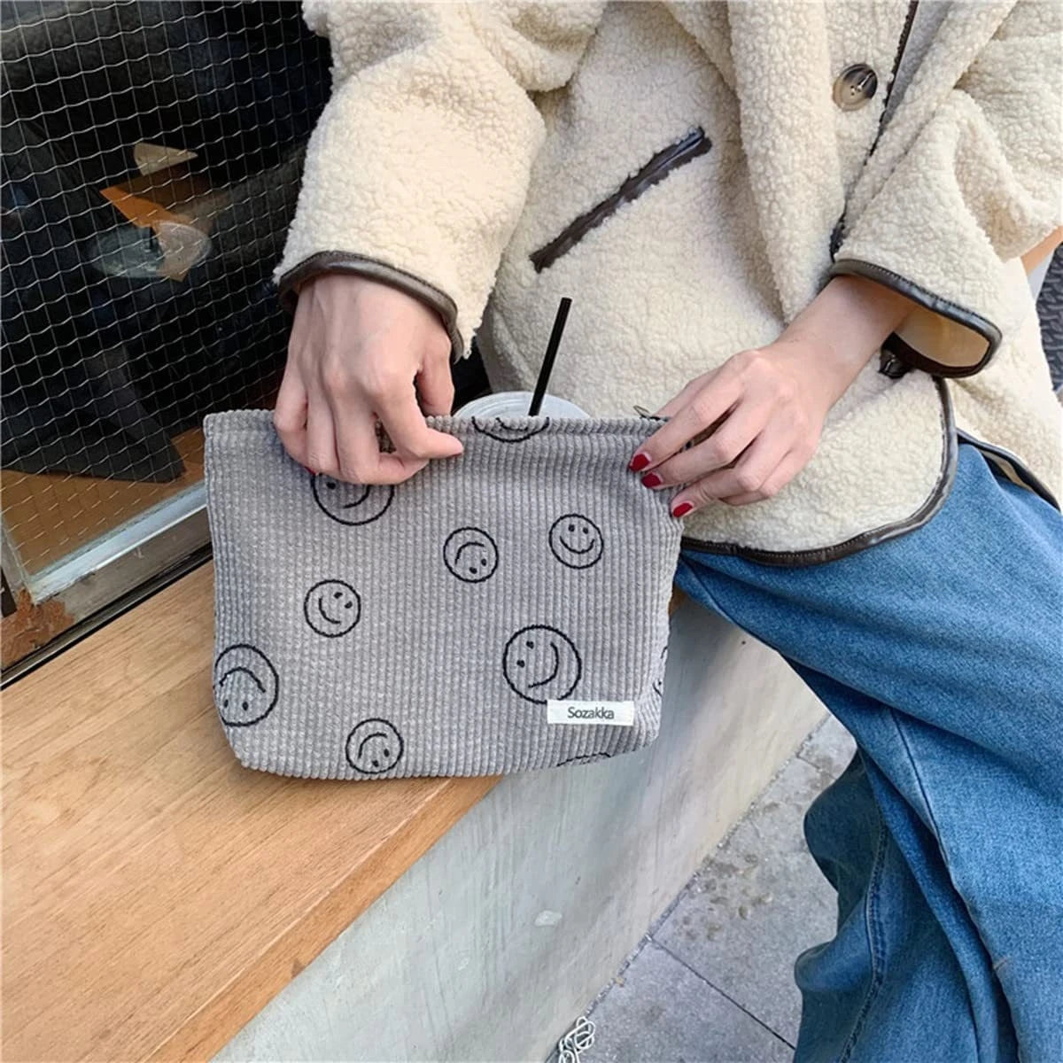 Corduroy Smile-Print Zipper Toiletry Pouch — 1 Piece
