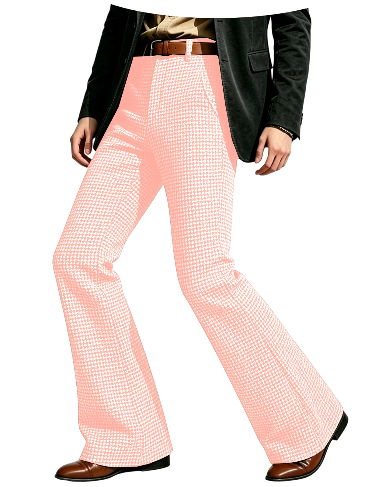Houndstooth Patten Men Bell Bottom Pants Vintage Adjustable Waist Flared Trousers 60s70s Disco Man Slim Fit Pant For Dance Party
