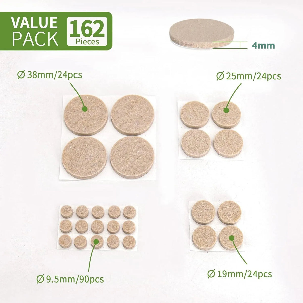 Self-Adhesive Round Felt Furniture Pads — 162 Pieces, Beige or Brown