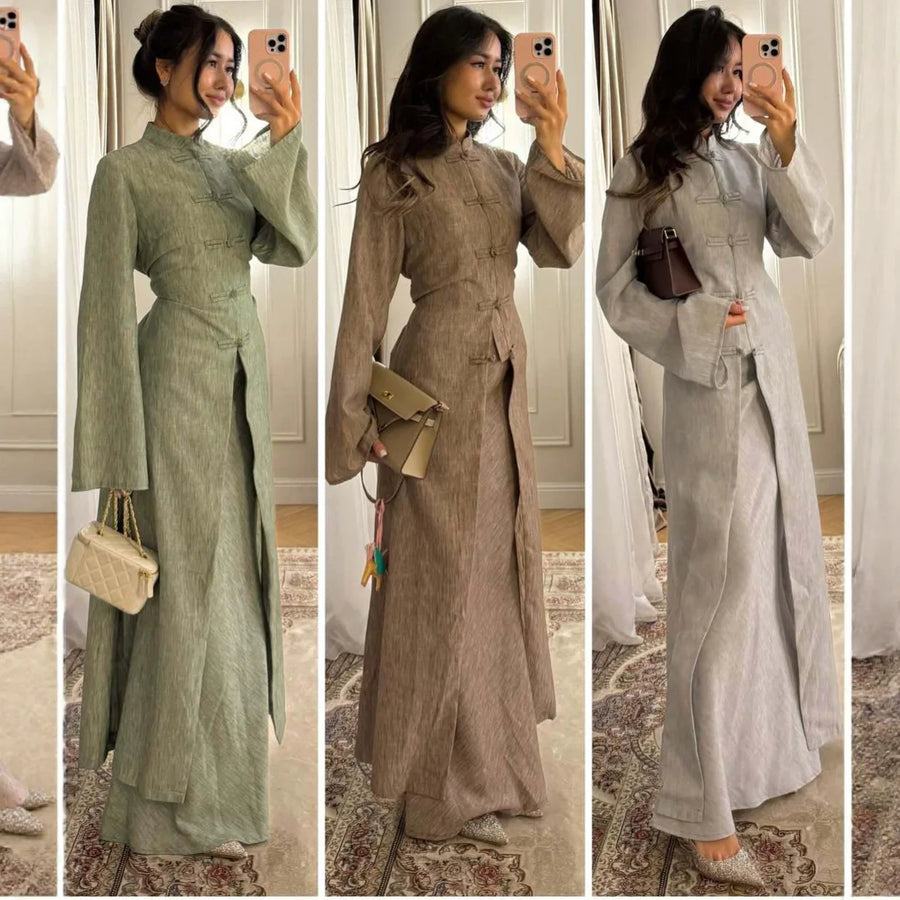 Eid Skirt Suit Women Long Coat Skirts 2 Piece Set Ramadan Single Breasted Morocco Dubai Muslim Robe Ensemble Arabic Outfits