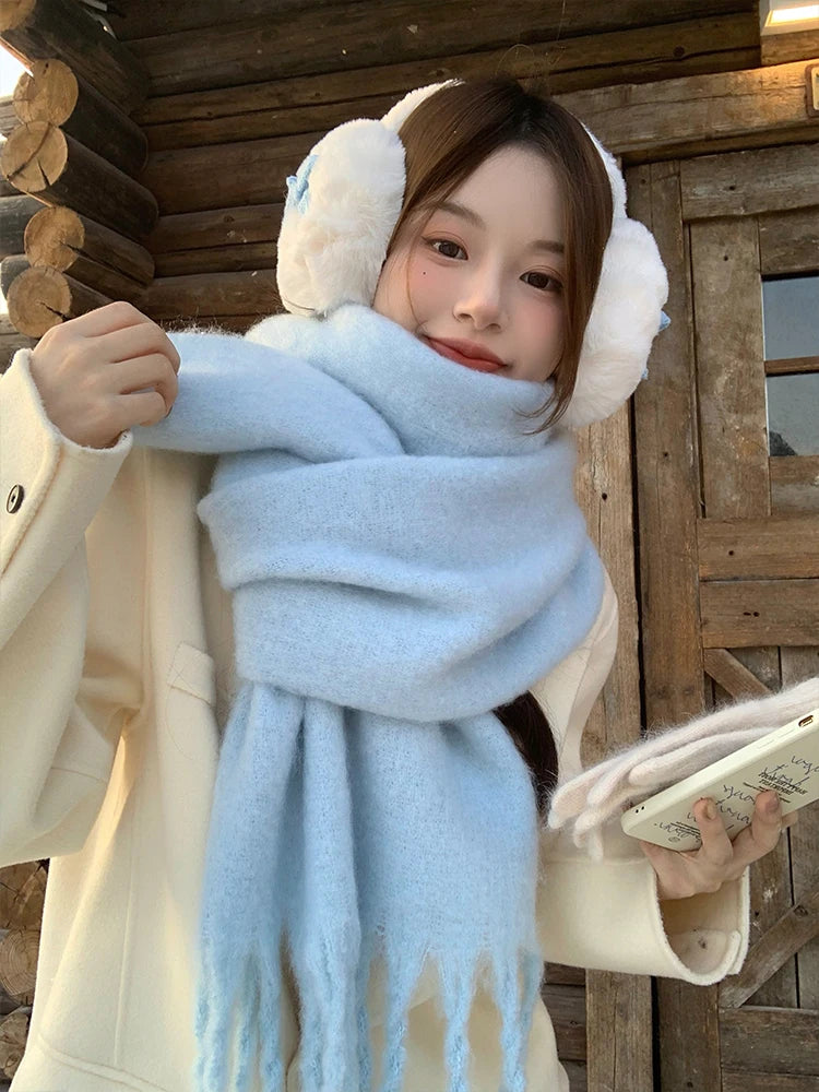 Women's Soft Polyester Tassel Scarf — Long Solid-Color Wrap