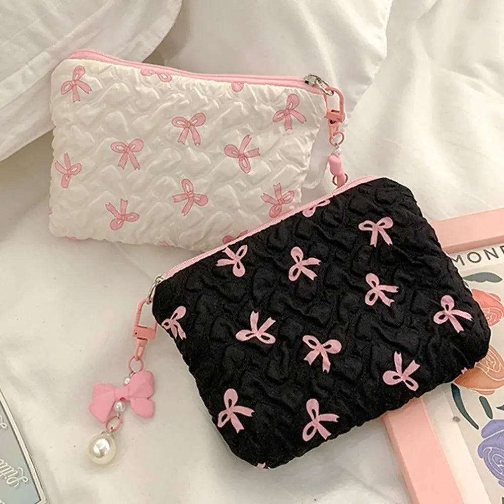 Bow-Print Polyester Mini Cosmetic Pouch — 14 × 10 cm