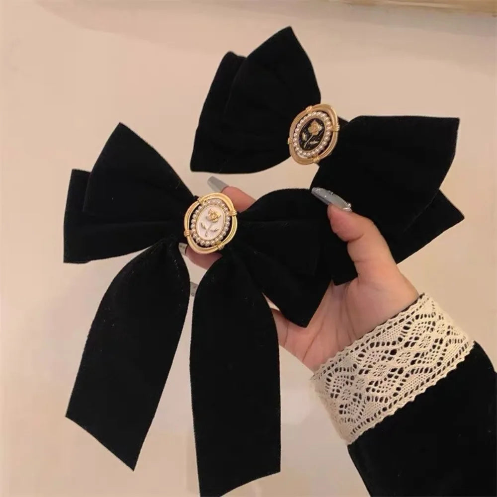 Black Velvet Bow Hair Clip Retro Camellia Velvet Ribbon Hairpin Festival Gift Duckbill Bow Tie Spring Clip