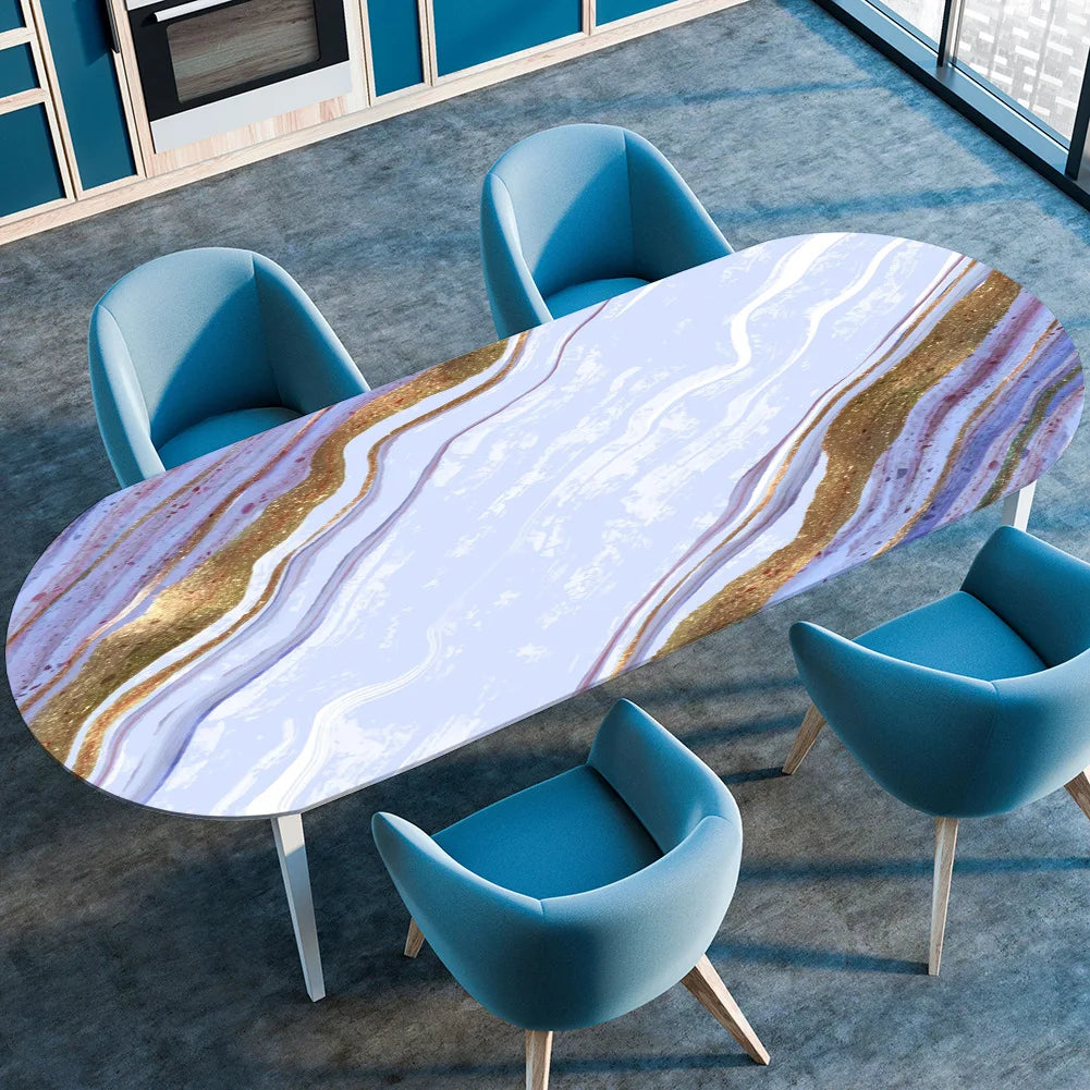Marble Textured Printed Oval Tablecloth, Marble Style Tablecloth with Elastic Band and Edge Closure, Oval Table Cover