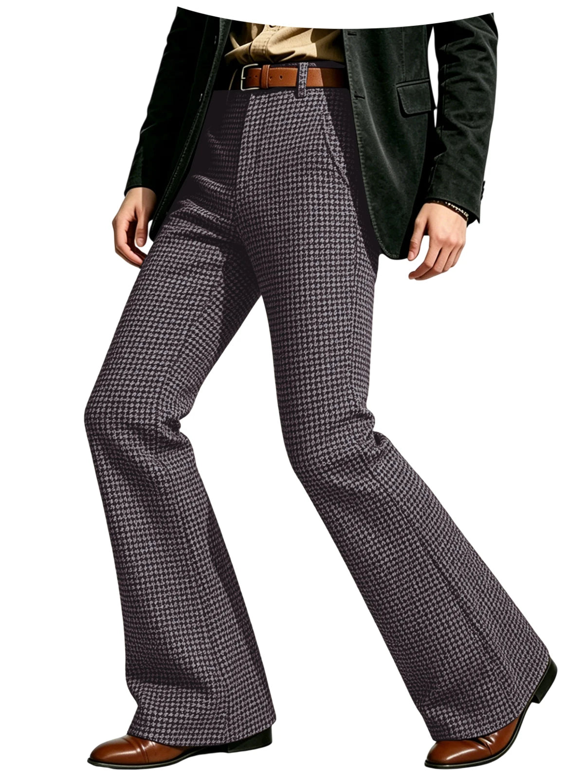 Houndstooth Patten Men Bell Bottom Pants Vintage Adjustable Waist Flared Trousers 60s70s Disco Man Slim Fit Pant For Dance Party