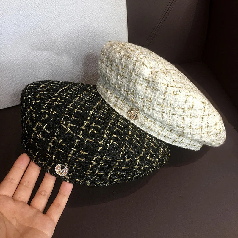 Panama Women's Belle Octagonal Painter Hat Fashion Outdoor Geometric Checker Spring and Autumn Season K219 Cap