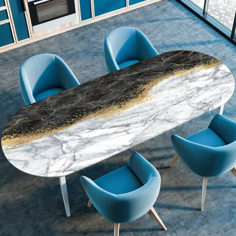 Marble Textured Printed Oval Tablecloth, Marble Style Tablecloth with Elastic Band and Edge Closure, Oval Table Cover