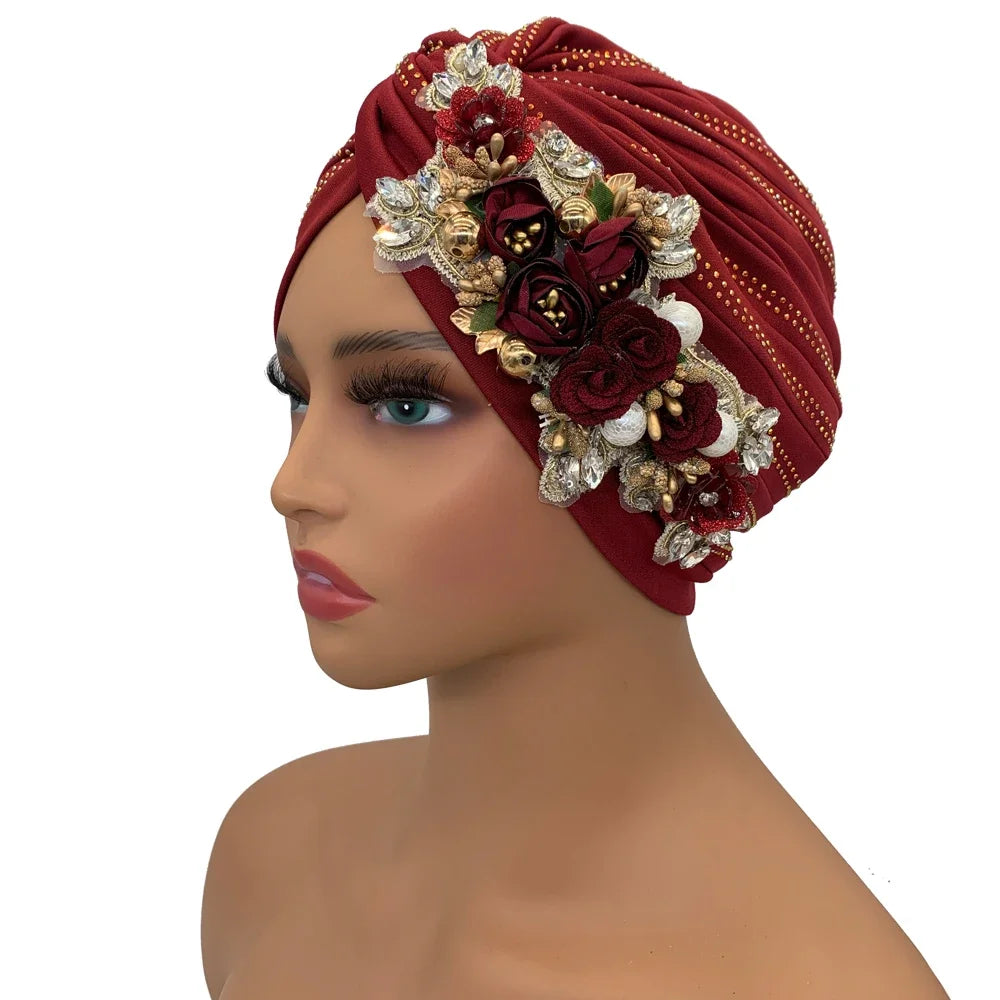 Diamonds Flower Women's Turban Cap African Head Wraps Nigeria Wedding Party Headpiece Female Headwear Twisted Headsarf Hat