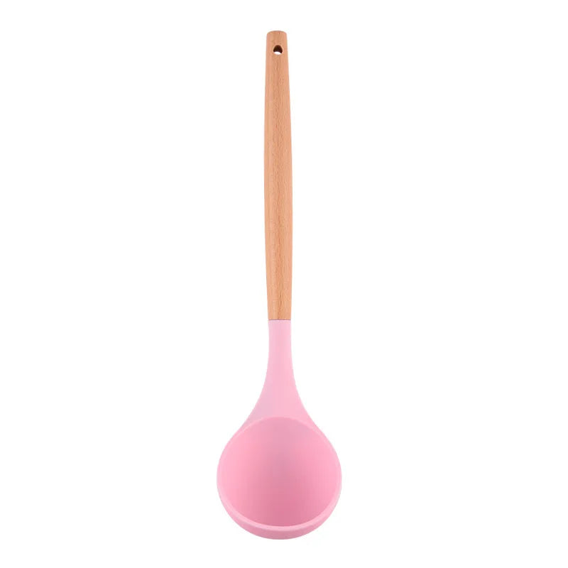Silicone Soup Ladle Heat Resistant Ladle Spoons With Wood Handle Non-Stick Kitchen Cooking Spoon Serving Scoop For Sauce Soup
