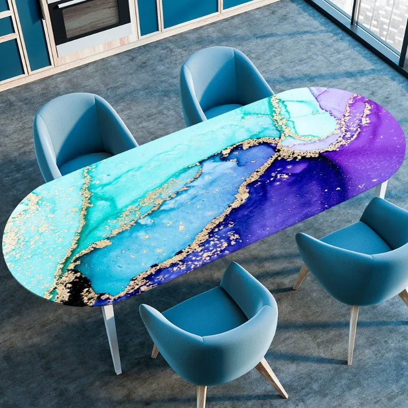 Marble Textured Printed Oval Tablecloth, Marble Style Tablecloth with Elastic Band and Edge Closure, Oval Table Cover