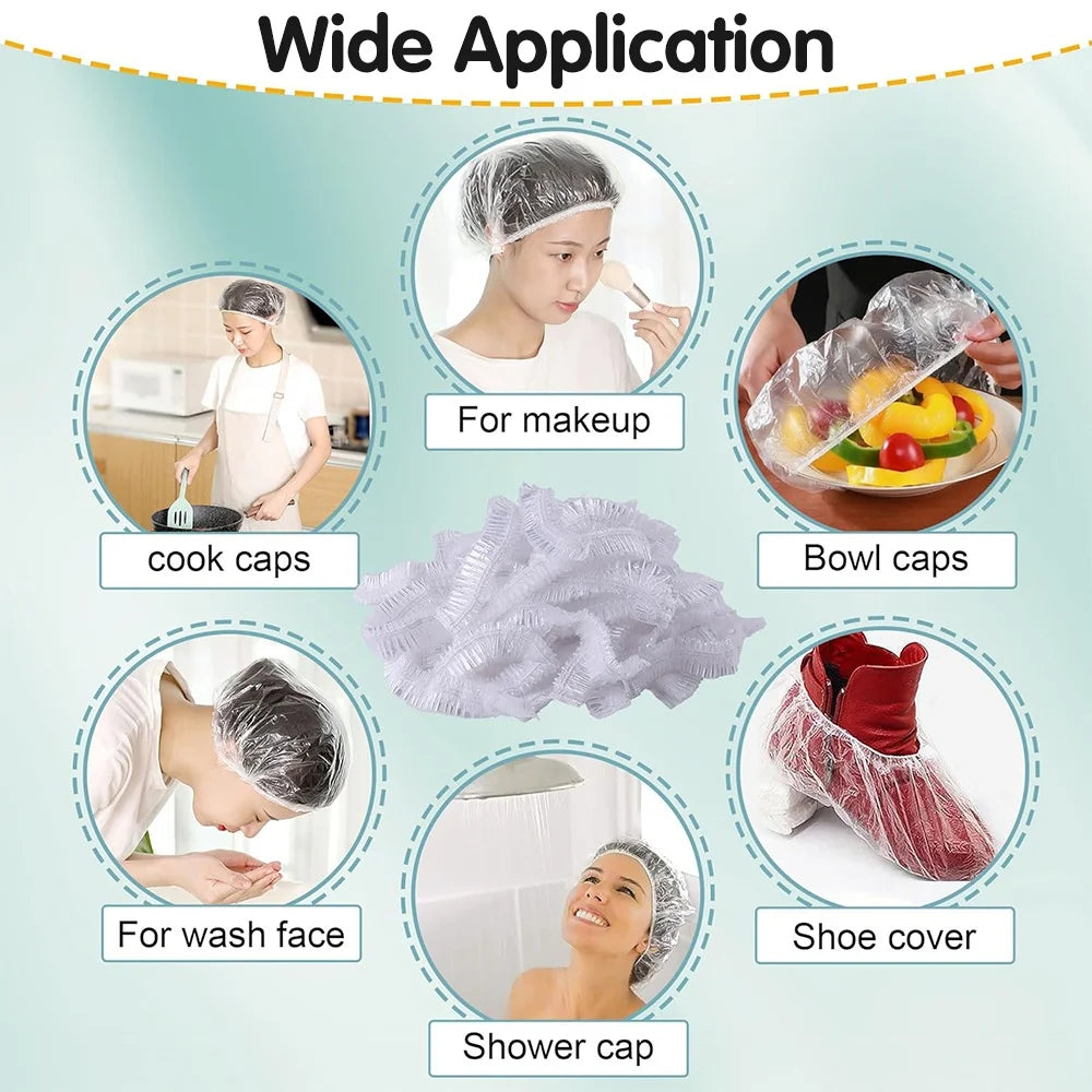 100/200Pcs Disposable Shower Cap for Hair Fresh-keeping Cover Food Storage Covers Food Grade Bowl Plate Cover Plastic Seal Wrap