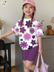 Kids Girls 2-Piece Purple Floral Print Short Sleeve T-shirt & High Waist Biker Shorts Set Summer Casual Daily School Outfit