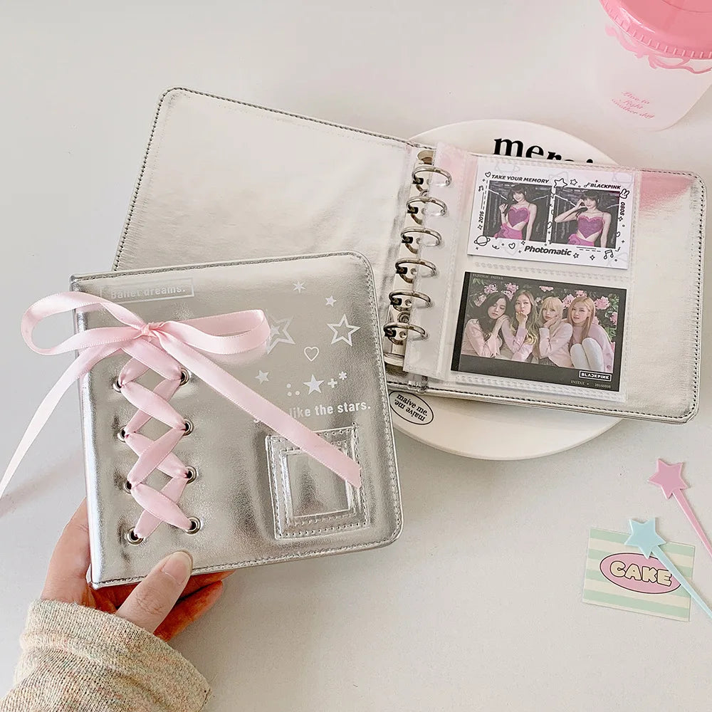 Silver PU Photocard Binder with Pink Ribbon — Selected Size and Page Pack