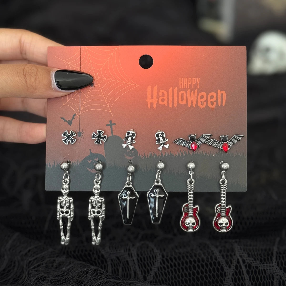 Ingemark 6Pairs/Set Halloween Red Crystal Skull Spider Metal Drop Earrings for Women Goth Cross Rose Piercing Earrings Jewelry