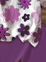 Kids Girls 2-Piece Purple Floral Print Short Sleeve T-shirt & High Waist Biker Shorts Set Summer Casual Daily School Outfit