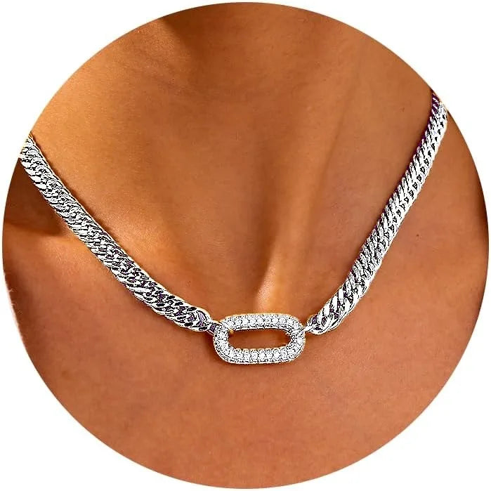 Stainless steel electroplated vintage niche necklace, punk rock heavy duty zircon-encrusted clavicle necklace, Cuban chain