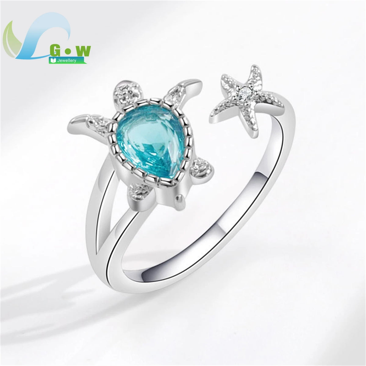 Mermaid Theme Adjustable Open Ring Blue Crystal Fish Tail Korean Minimalist Forest Style Stackable Finger Jewelry for Women Girl