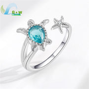 Mermaid Theme Adjustable Open Ring Blue Crystal Fish Tail Korean Minimalist Forest Style Stackable Finger Jewelry for Women Girl