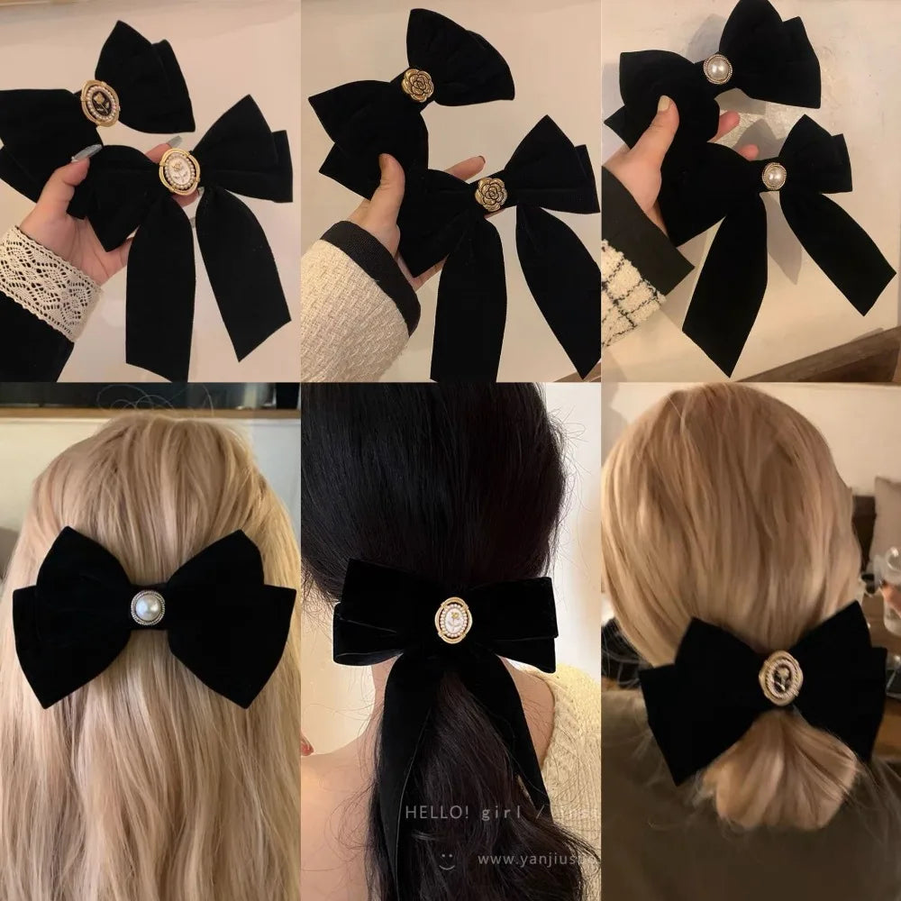 Black Velvet Bow Hair Clip Retro Camellia Velvet Ribbon Hairpin Festival Gift Duckbill Bow Tie Spring Clip