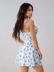 Ladies Spring Summer Floral Print Backless Dress Beach Vacation Clothing Invisible Zipper Strapless Gown Casual Summer Wear